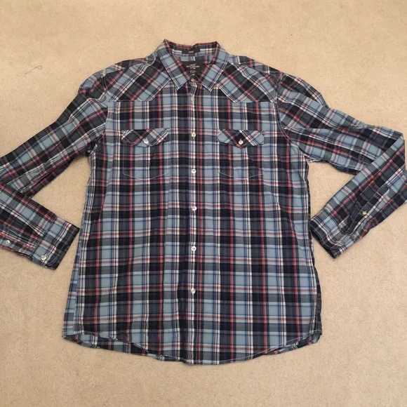 H&M L.O.G.G. Fitted Plaid Long Sleeve Button Down Shirt red white blue size XL - Picture 2 of 5